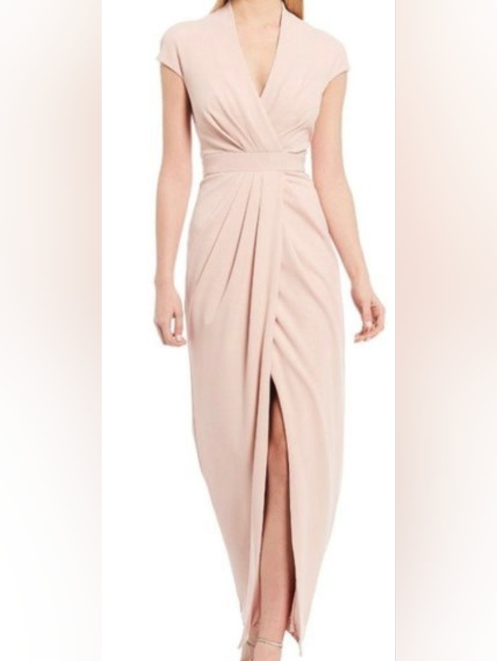 NEW Belle Badgley Mischka V-Neck Cap Sleeve Gathered Waist Front Slit Stretch